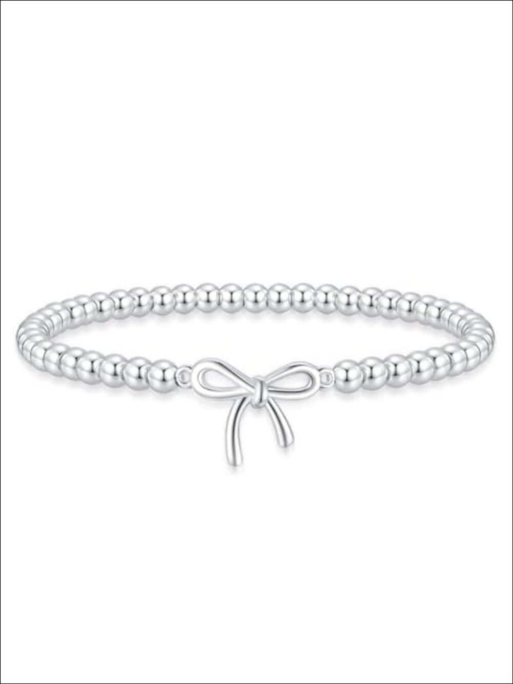 14K Silver Plated Bow Beaded Stretch Bracelet Handmade Dainty Stackable
